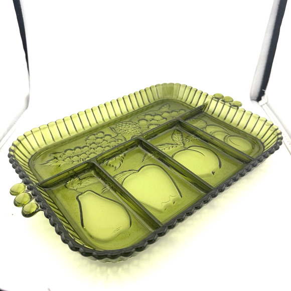 VTG Indiana Glass Green 5 Part EUC Divided Relish Fruit Design Tray 11"x9" - Picture 5 of 10